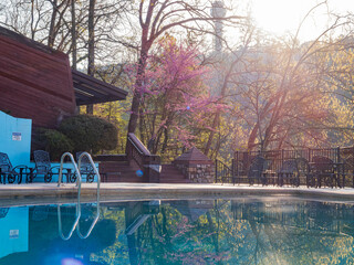 Morning sunny view of the roof top swimming pool of the historical Arlington Hotel