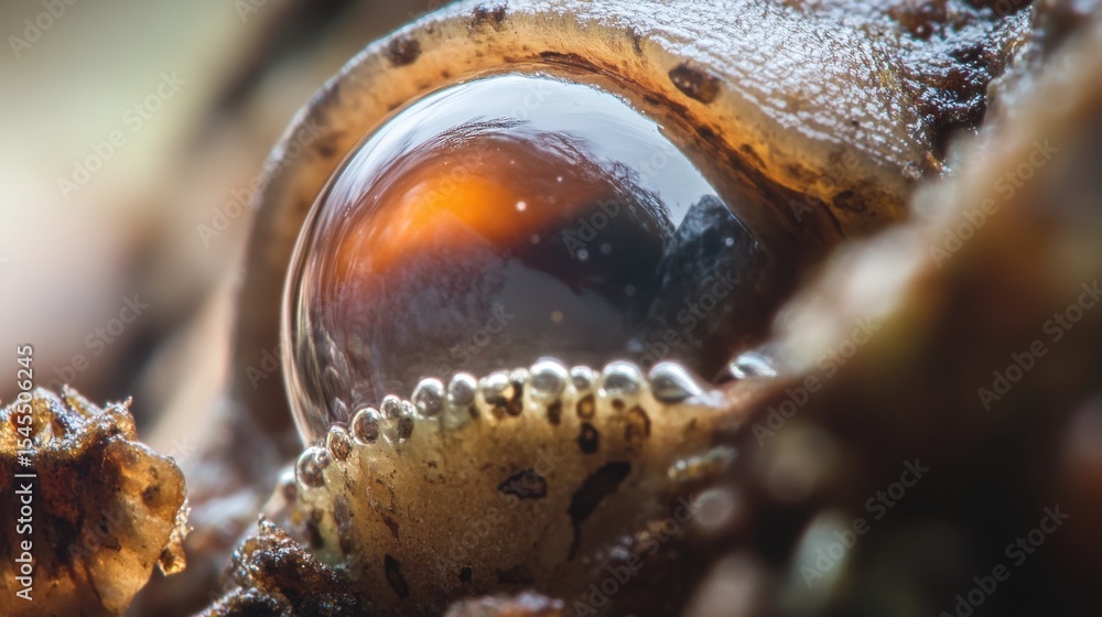 Poster a macro image showing a frogs detailed eye and reflection