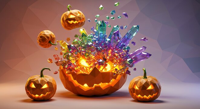 Low-Poly Halloween Scene with Glowing Pumpkins and Colorful Crystals Explosion