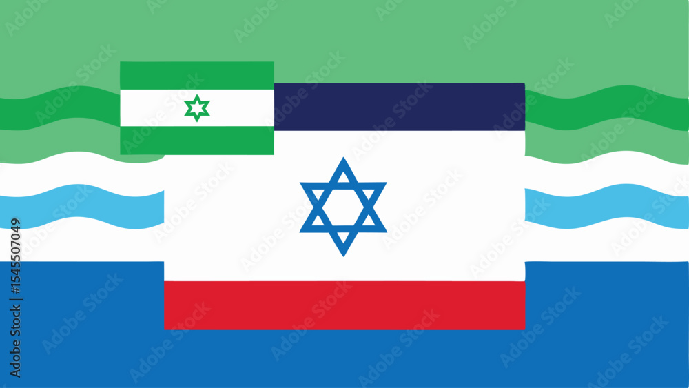 Poster abstract composition combining flag elements with a star of david and wavy designs