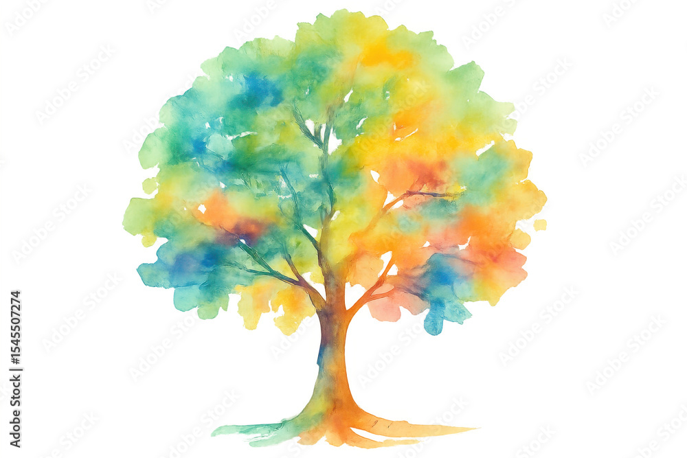 Poster watercolor tree displaying vivid, multicolored leaves against transparent backdrop, highlighting art