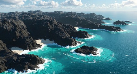 Pixelated Coastline Landscape Turquoise Waters and Rocky Terrain Digital Art Island Scenery Serene Tropical Beach Vacation Destination Travel Adventure