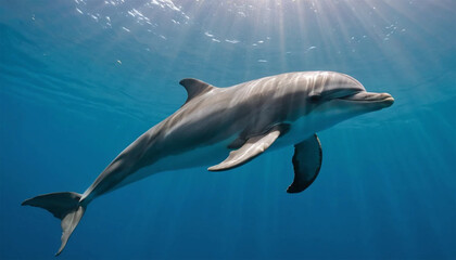 Obraz premium Underwater Profile of Dolphin Swimming Calmly in Sunlit Ocean