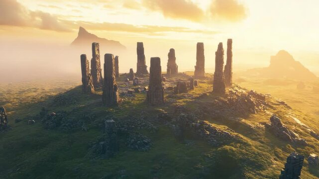 Mysterious standing stones illuminated by golden sunlight at dawn.
