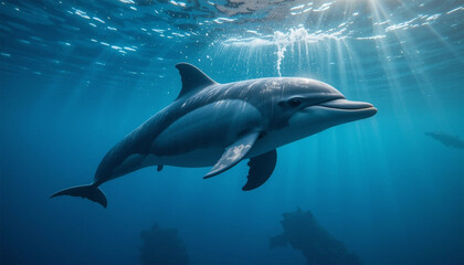 Fototapeta premium Underwater Profile of Dolphin Swimming Calmly in Sunlit Ocean
