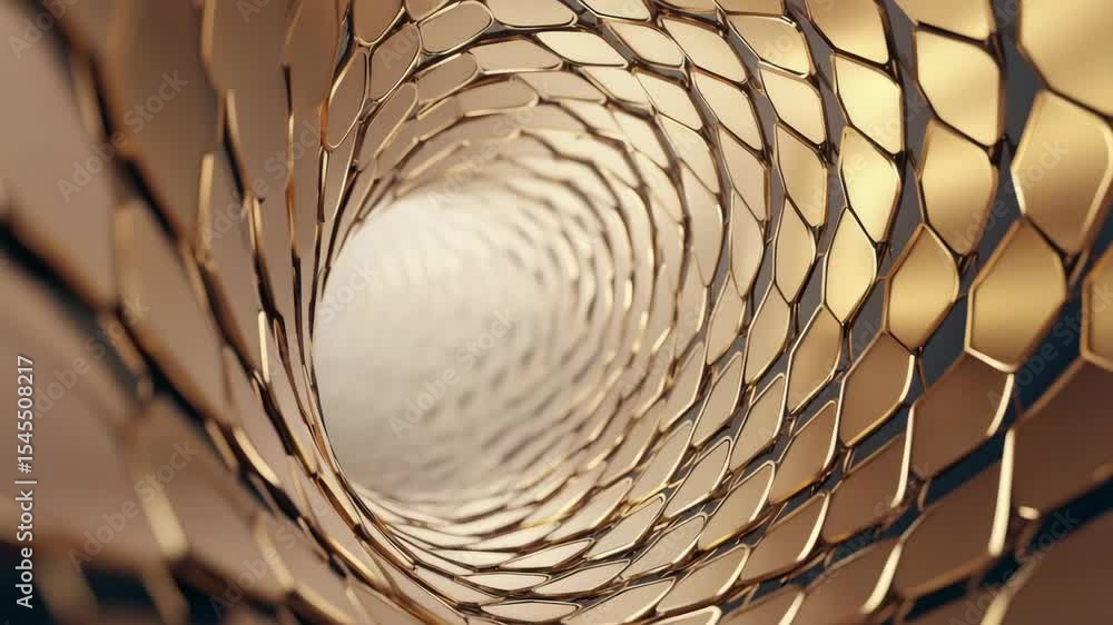 Poster abstract view of a spiraling metallic mesh tunnel.