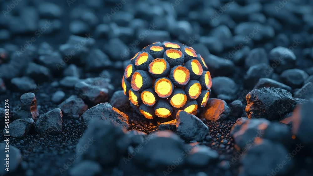 Poster illuminated orb resting on dark pebbles in a serene environment.