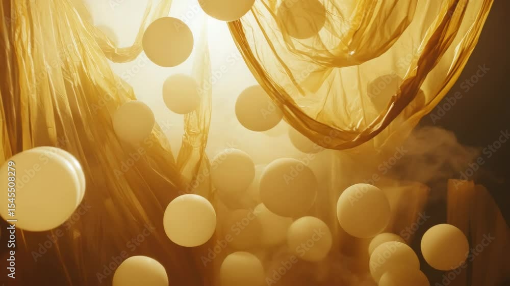 Poster floating orbs surrounded by flowing fabric and soft lighting effects.