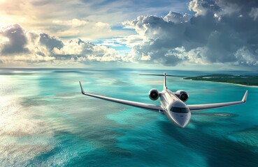 Fototapeta premium Soaring Above Serenity: A sleek private jet gracefully cuts through the clouds, offering a breathtaking view of a tropical paradise. Capture the freedom and luxury.