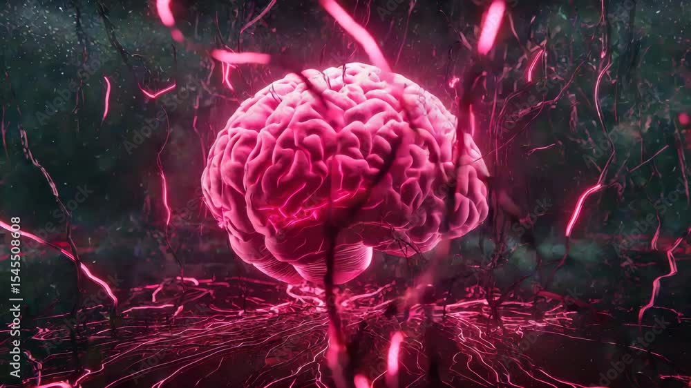 Poster surreal artistic representation of a brain with vibrant colors and textures.