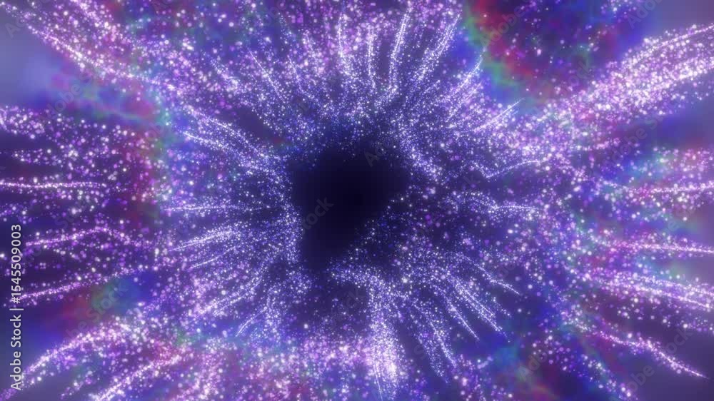 Poster swirling animation of glowing purple particles forming a vibrant tunnel in deep space. abstract ligh