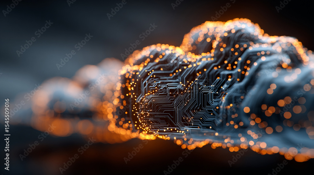 Poster abstract digital cloud with circuit board pattern and glowing orange particles formation concept