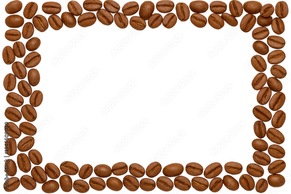 Poster roasted coffee beans are forming a rectangular frame on a transparent background, creating a perfect