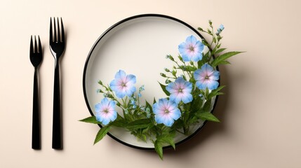 Empty White Plate with Blue Flowers and Black Cutlery on Beige Background