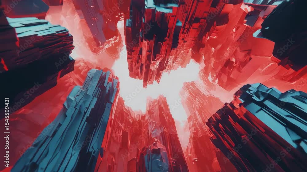 Poster abstract landscape with towering red and black structures reaching upward.