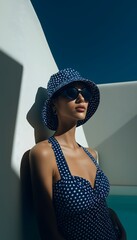 Elegant woman in retro navy polka dot swimsuit and bucket hat relaxing by a modern white poolside under bright sunlight
