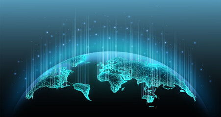 World map on blue background. Earth globe, global network, digital universe.