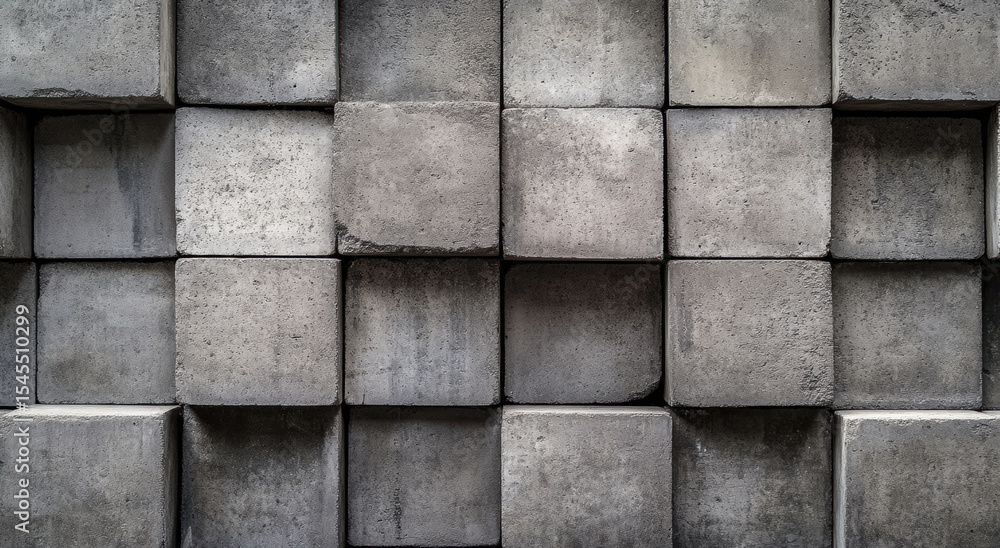 Poster concrete blocks arranged in geometric pattern create textured wall. gray tones and shadows add depth