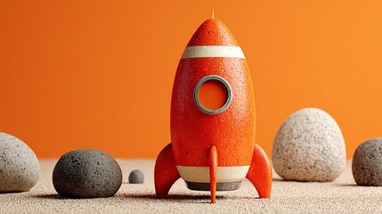 A red rocket ship with white stripe and porthole on a sandy surface with gray rocks around it