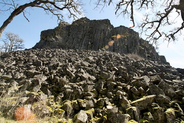 View up a rock covered slope to a massive basalt outcropping, framed by bare tree branches with...