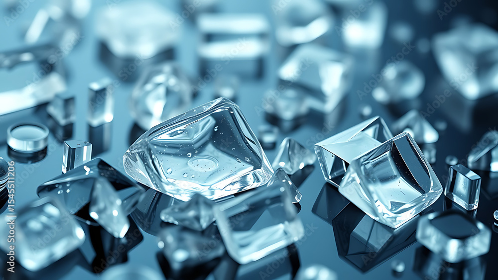 Poster multiple different sized and shaped clear glass pieces with irregular edges on transparent backgroun