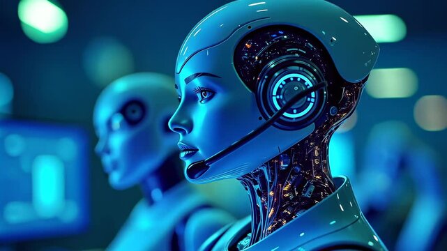 AI-Powered Call Center, customer assistance, automated responses. Technological integration. Robots streamline support queries. Advanced AI improves communication efficiency. Virtual agents offer - Powered by Adobe
