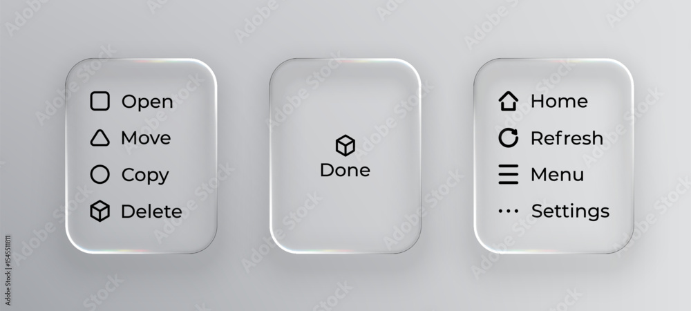 Poster Liquid glass style buttons for user interface. Transparent menu elements. Frosted glass user experience concept.