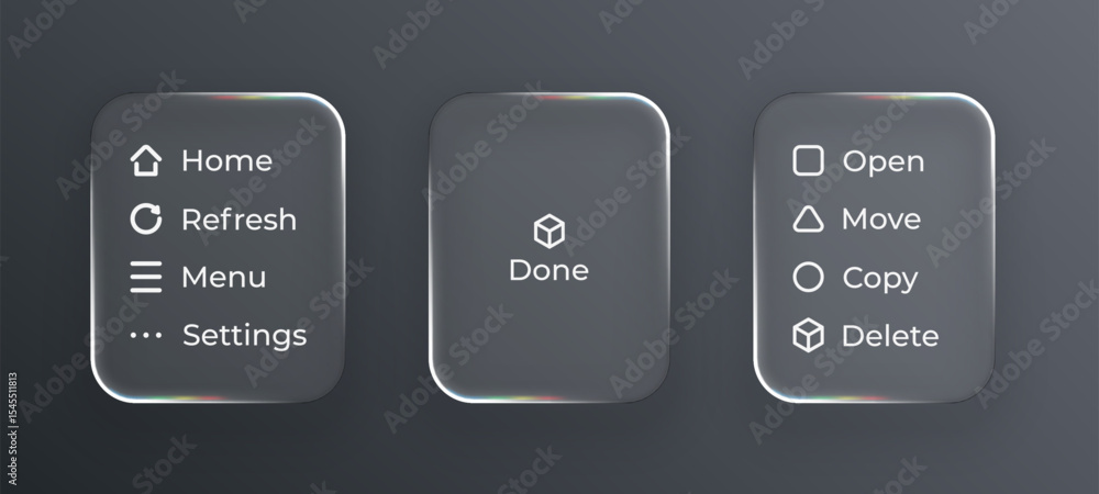 Aufkleber Transparent user interface design elements with glass effect on dark background. Modern glassy buttons with icons and text for web or app.