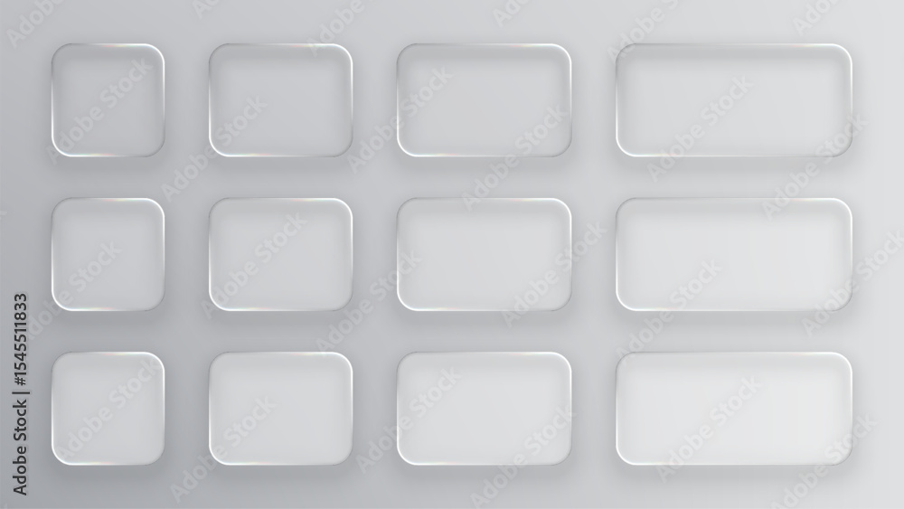 Poster Set of square, rounded rectangle, and rectangle glass plates creating vector transparent frames. Blank liquid glass elements for ux ui design.