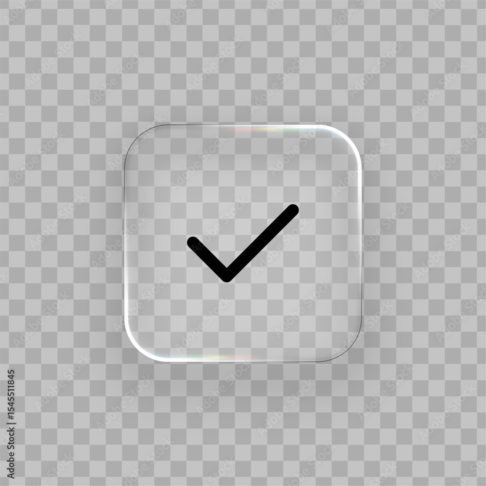 Aufkleber Liquid glass style check mark icon with rounded corners. Complete task design or correct answer graphic element for web and UI.