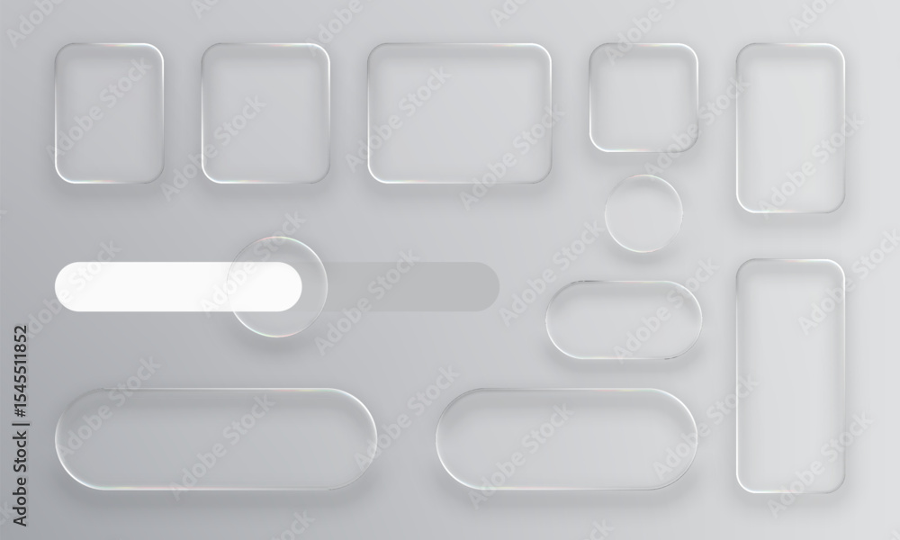 Aufkleber Frosted glass user interface elements concept. Empty liquid glass vector buttons, frames, and shapes on a grey background. UI app design.