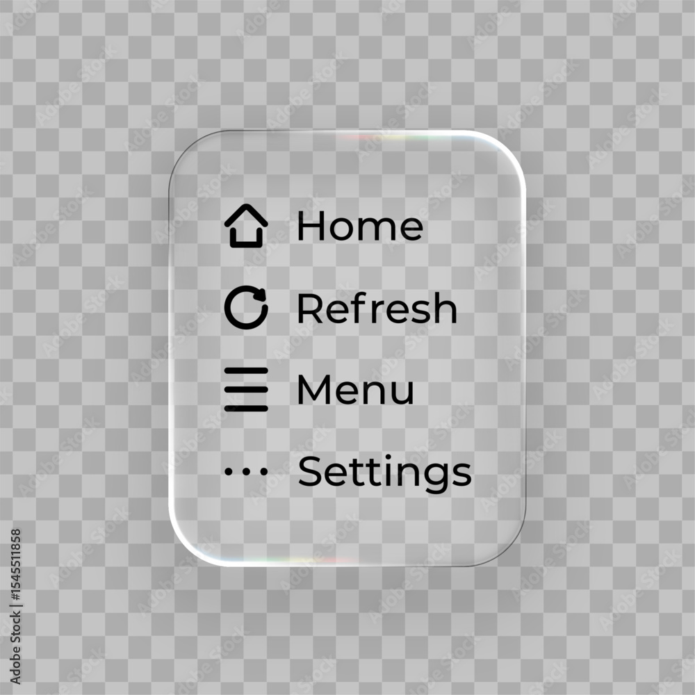 Aufkleber White liquid glass frame with navigation buttons for web design. Modern UI component with home, refresh, menu, and setting options. Transparent interface.