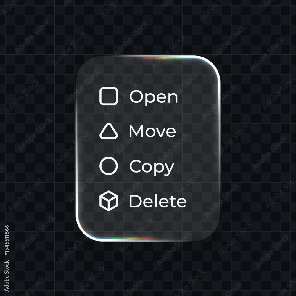 Aufkleber Liquid glass file management menu for software interface design. Digital user experience concept with open, move, copy, delete options.