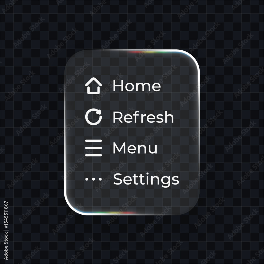 Aufkleber Liquid glass effect user interface element for ui ux design. Modern transparent control panel with menu and settings options.