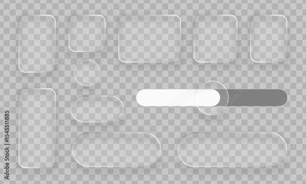 Poster Multiple liquid glass panels and elements set. Modern UI and UX design concept. Transparent frames and buttons for web interfaces.