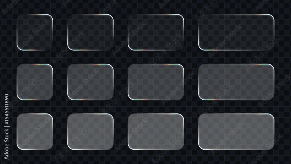 Fototapete Twelve liquid glass frames of varying shapes and sizes on a dark transparent background. Modern user interface element for digital display.