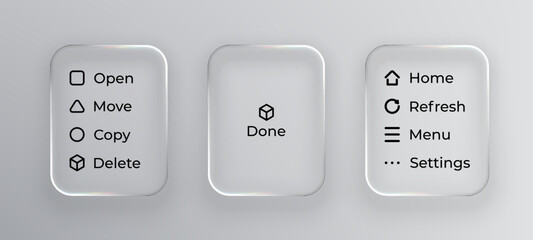 Liquid glass style buttons for user interface. Transparent menu elements. Frosted glass user experience concept.