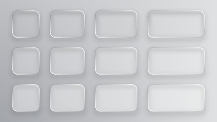 Set of square, rounded rectangle, and rectangle glass plates creating vector transparent frames. Blank liquid glass elements for ux ui design.