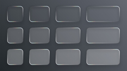 Dark elegant realistic liquid glass frames mockup set. Modern ui interface button or infographic element concept for graphic design.
