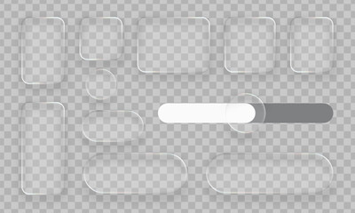 Fototapeta na wymiar Multiple liquid glass panels and elements set. Modern UI and UX design concept. Transparent frames and buttons for web interfaces.