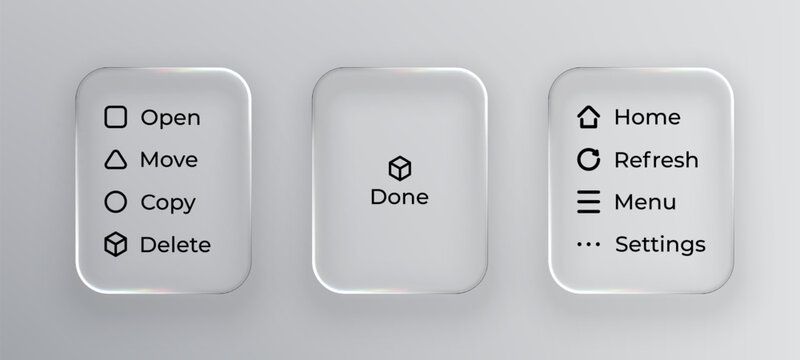 Liquid glass style buttons for user interface. Transparent menu elements. Frosted glass user experience concept.