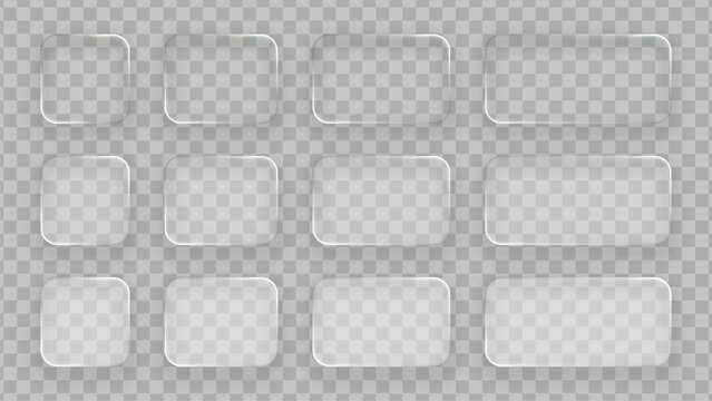 Set of liquid glass vector frames with rounded corners. Reflective surface for graphic ui design element.