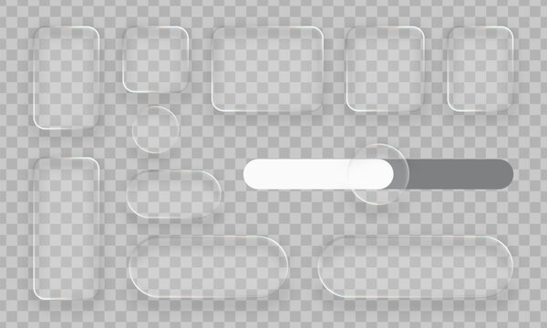 Multiple liquid glass panels and elements set. Modern UI and UX design concept. Transparent frames and buttons for web interfaces.