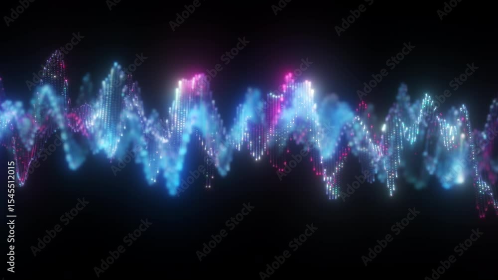 Poster dynamic animation of glowing blue particles forming flowing digital wave structures on a dark backgr