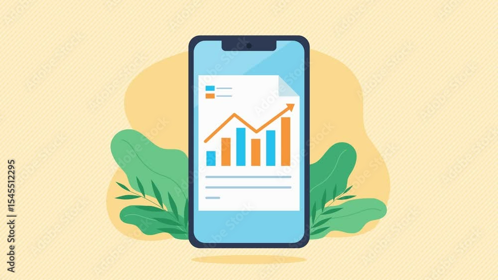 Poster animation of a document with a graph on a mobile phone screen. a growth bar graph appears on the doc