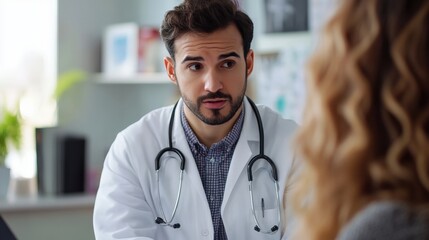 A male doctor wearing a stethoscope having a consultation with a patient