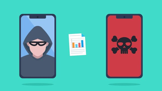 A hacker uses email phishing to break into the device. Then he steals the company's financial documents. One by one, the documents leak from the phone and are intercepted by the hacker. Animation.