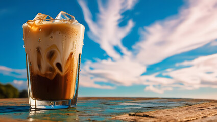 a highly stylized and visually striking cinematic photograph of a refreshingly chilled iced coffee, with condensed water droplets glistening on the glass, placed on a rustic wooden table or weathered 