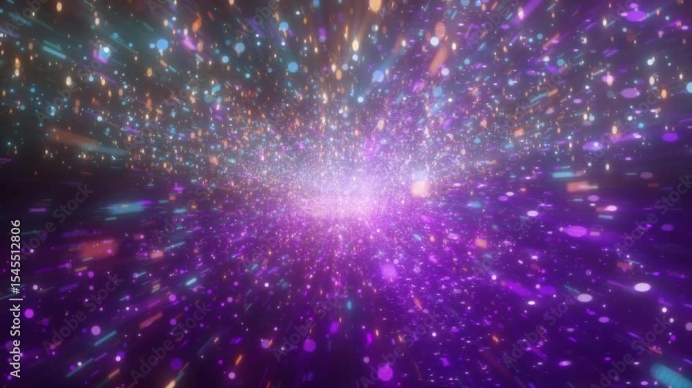 Poster dynamic animation of flying through a colorful cosmic tunnel filled with glowing particles, bokeh, a