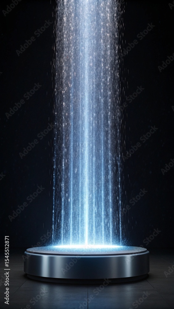 Poster glowing blue particles falling onto a circular platform in a dark setting, creating a futuristic and